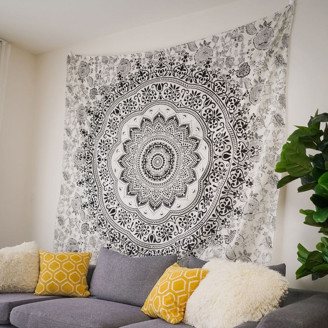 Black Indian Mandala Tapestry for Yoga, Meditation, Home Decor