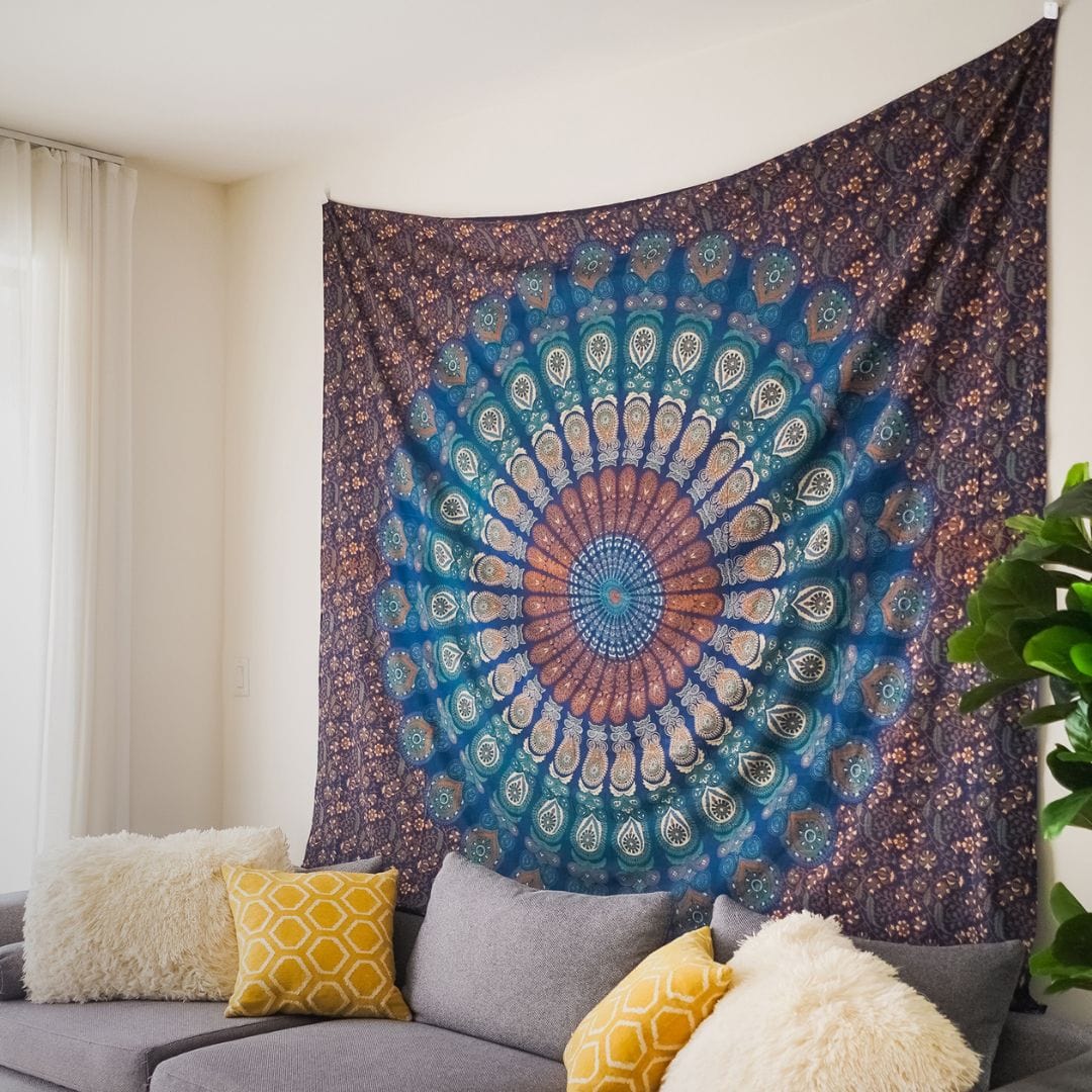 Blue and Gold Indian Tapestry Mandala Wall Hanging for Home Decor