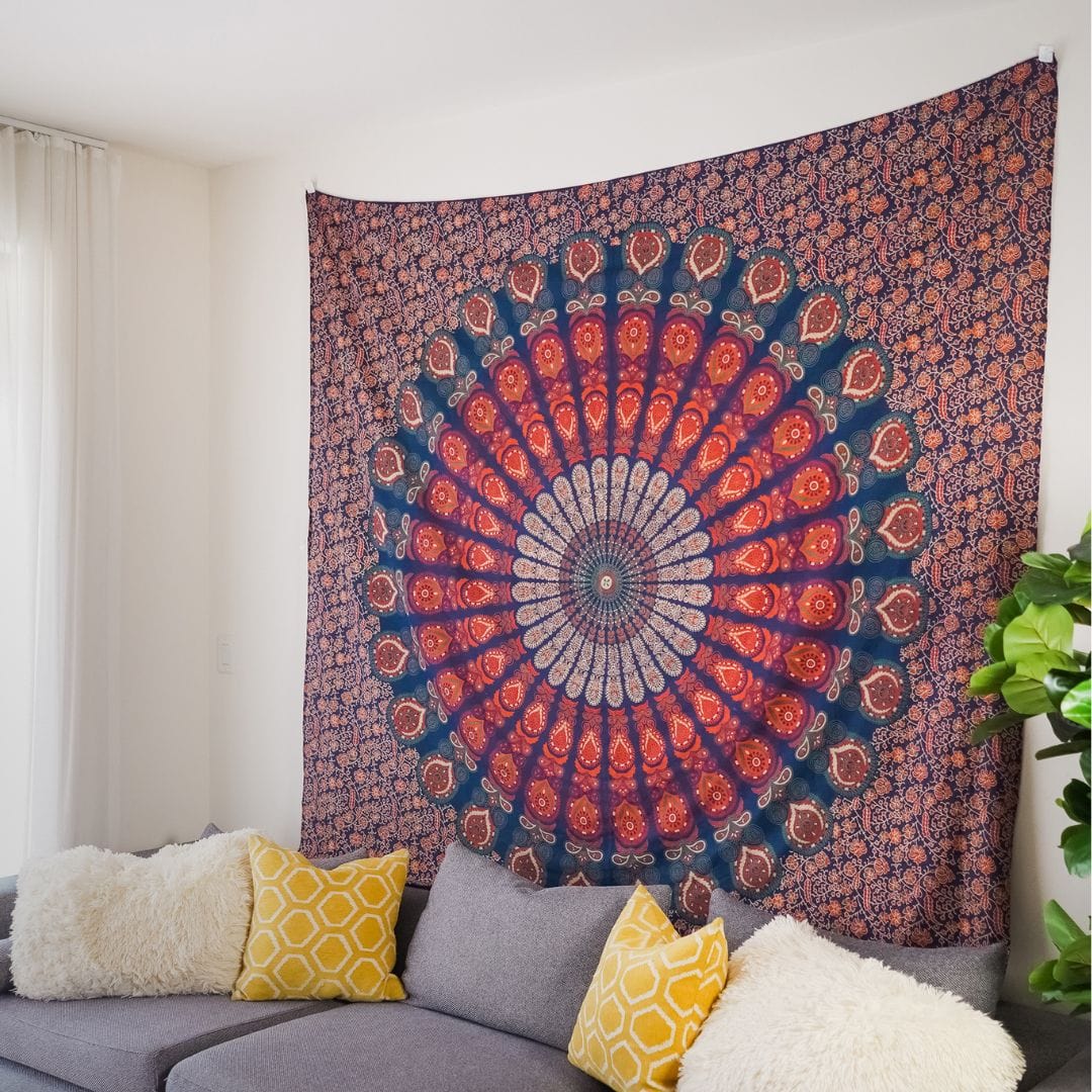 Red and Blue Wall Hanging Indian Mandala Tapestry for Home Decor