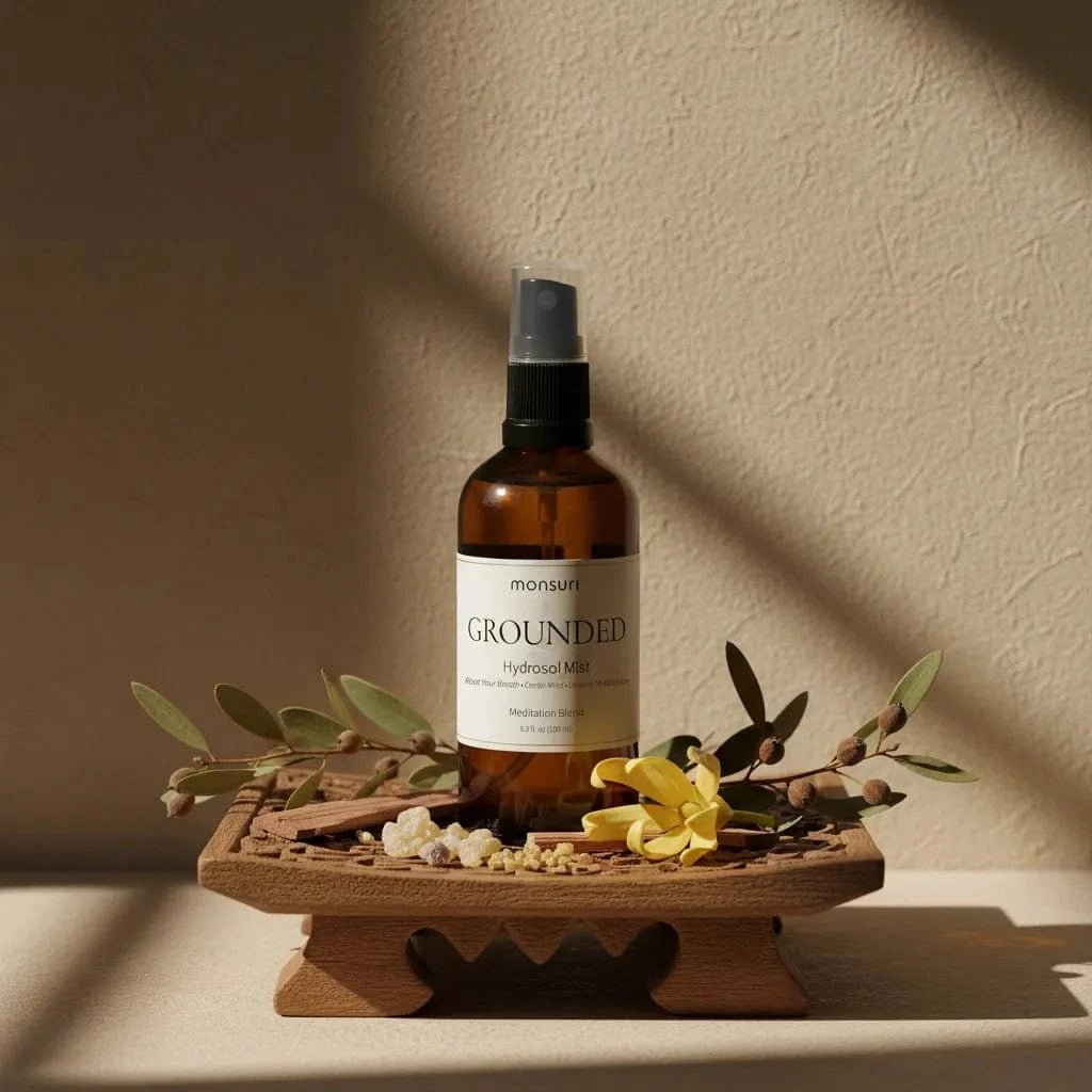 Frankincense meditation spray being used in meditation room for sacred space aromatherapy and contemplative practice