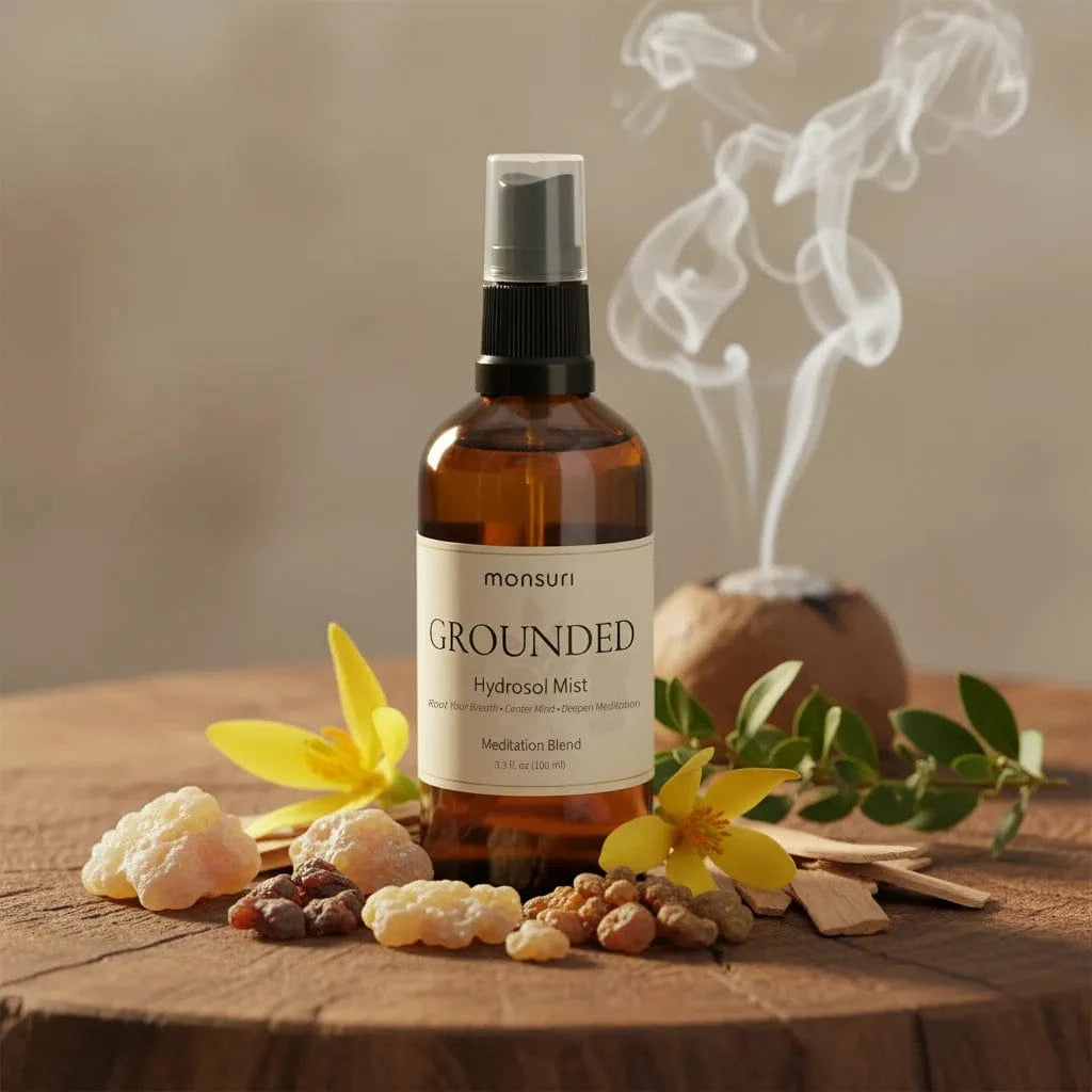 Frankincense meditation spray being used in meditation room for sacred space aromatherapy and contemplative practice