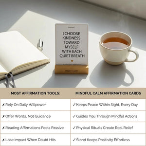 Comparison of Mindful Pause anxiety affirmation cards versus traditional affirmation tools showing physical grounding, real emotional calm, and visible daily support.