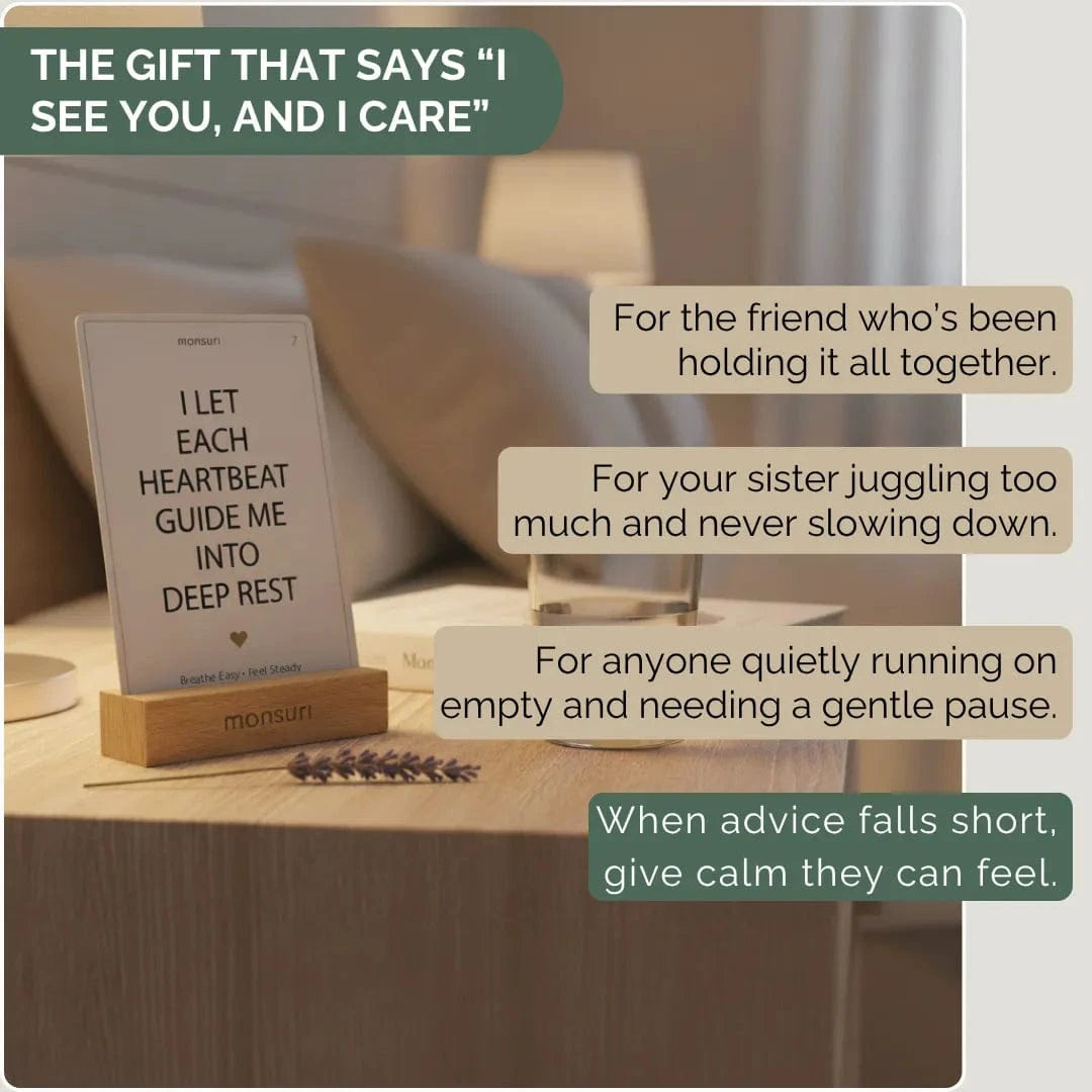 Mindful Pause affirmation cards displayed as a thoughtful mental health gift for women experiencing anxiety, stress, or overwhelm, beautifully packaged in calming purple.