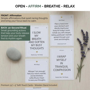 Open Affirm Breathe Relax display showing front and back of anxiety affirmation cards with grounding rituals for mindfulness, self-care, and stress relief.