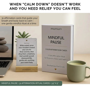 Anxiety affirmation cards in calming purple box with wooden stand and cup of tea, promoting stress relief and mindfulness for women seeking daily calm.