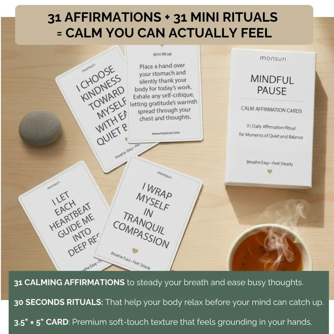 Set of 31 anxiety affirmation cards with 31 mini rituals, soft-touch finish, and calming design, perfect self-care gift for stress relief and emotional grounding.