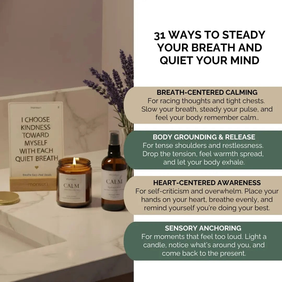 Four themes of Mindful Pause affirmation cards—Breath-Centered Calming, Body Grounding, Heart Awareness, and Sensory Anchoring—for anxiety relief and emotional balance.