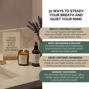 Four themes of Mindful Pause affirmation cards—Breath-Centered Calming, Body Grounding, Heart Awareness, and Sensory Anchoring—for anxiety relief and emotional balance.