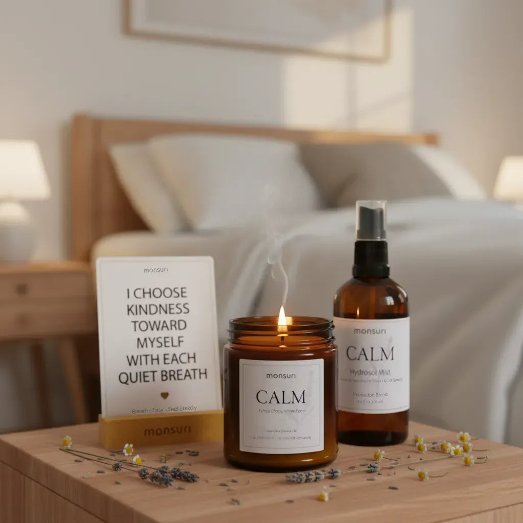 Stress relief gift relaxation set with 31 affirmation cards wooden stand calming candle lavender pillow spray