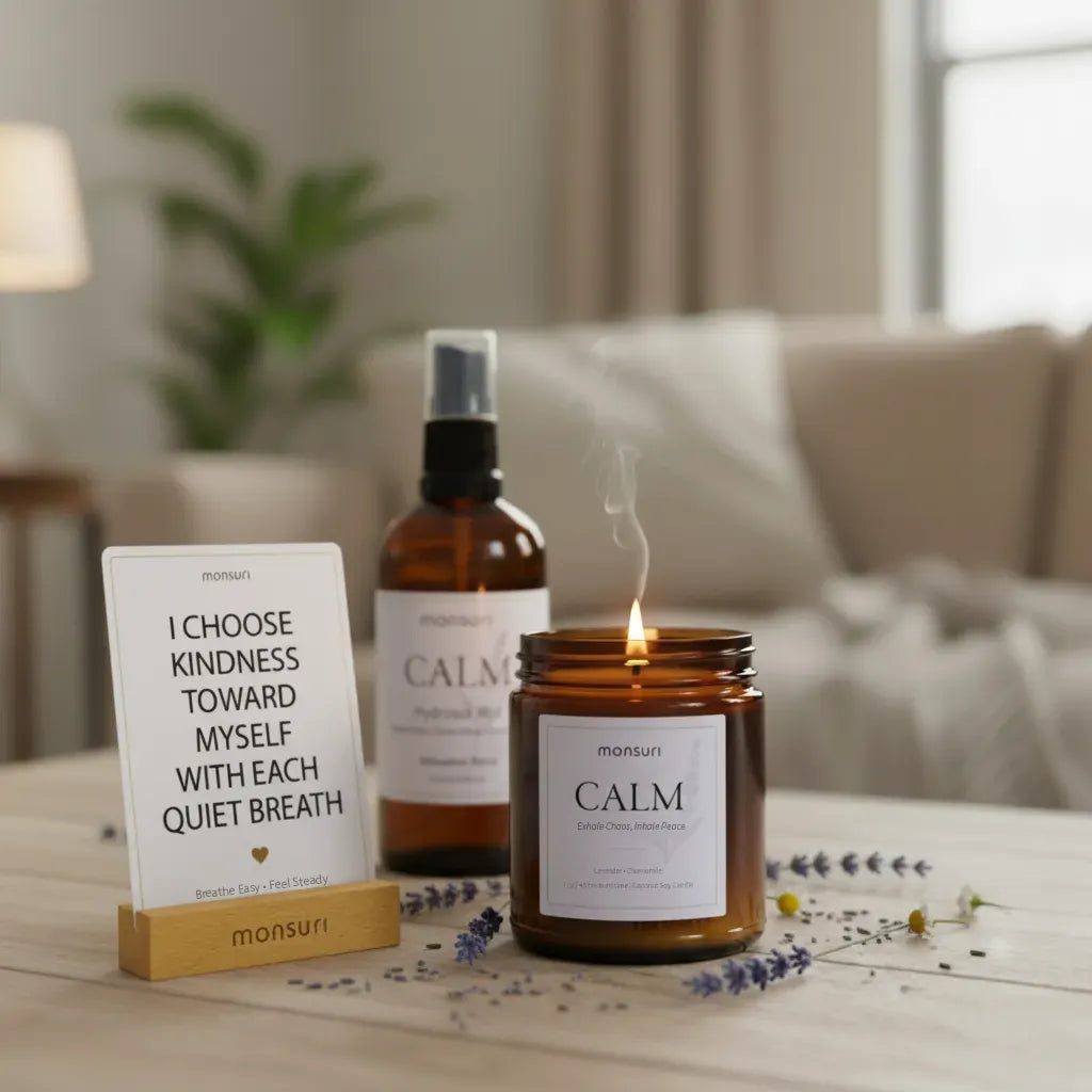 Relaxation gift set for women affirmation cards stress relief candle botanical lavender pillow spray thoughtful presentation