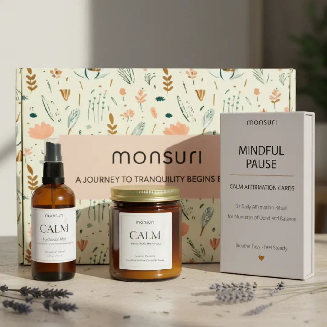 Mindful Pause calm affirmation gift set with lavender chamomile candle and pillow spray in minimalist box