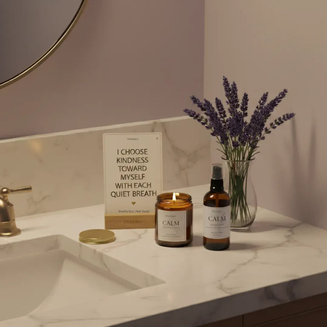 Lavender pillow spray gift set with calm affirmation cards calming candle for bedtime rituals gift-ready packaging