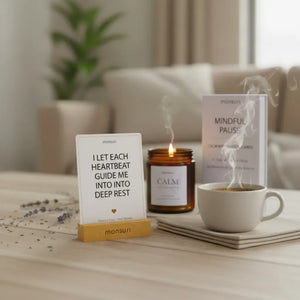 Relaxation gift set - mindfulness gifts featuring affirmation cards with grounding techniques lavender candle botanical spray