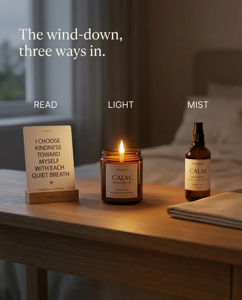 Out of the box, into the room - one affirmation card stays where you will see it, propped on a bedside bench beside the deck