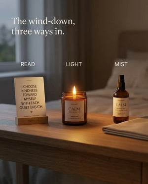 Out of the box, into the room - one affirmation card stays where you will see it, propped on a bedside bench beside the deck