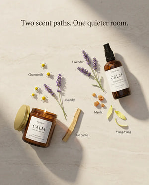 Two scent paths, one quieter room - chamomile, lavender and palo santo in the candle, lavender, myrrh and ylang-ylang in the hydrosol mist