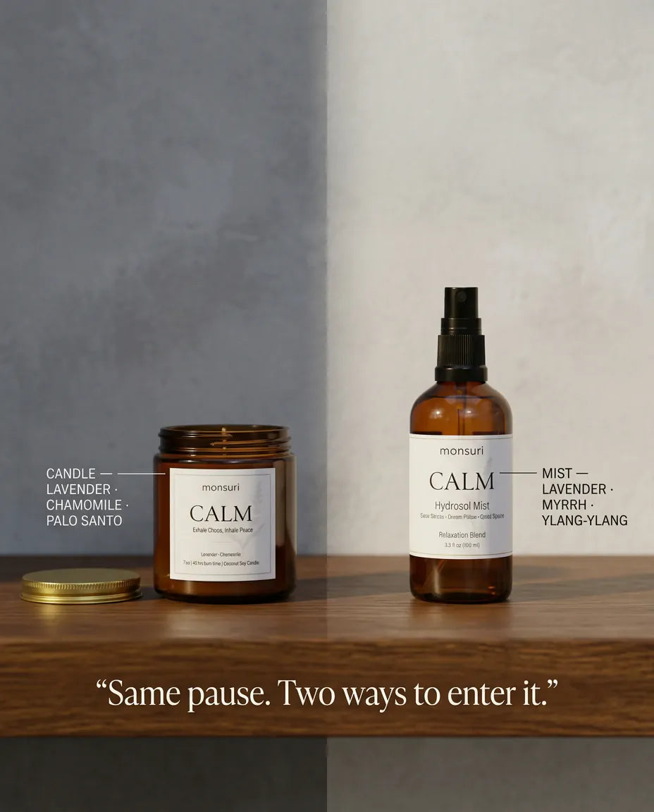 Same pause, two ways to enter it - the candle in lavender, chamomile and palo santo beside the mist in lavender, myrrh and ylang-ylang