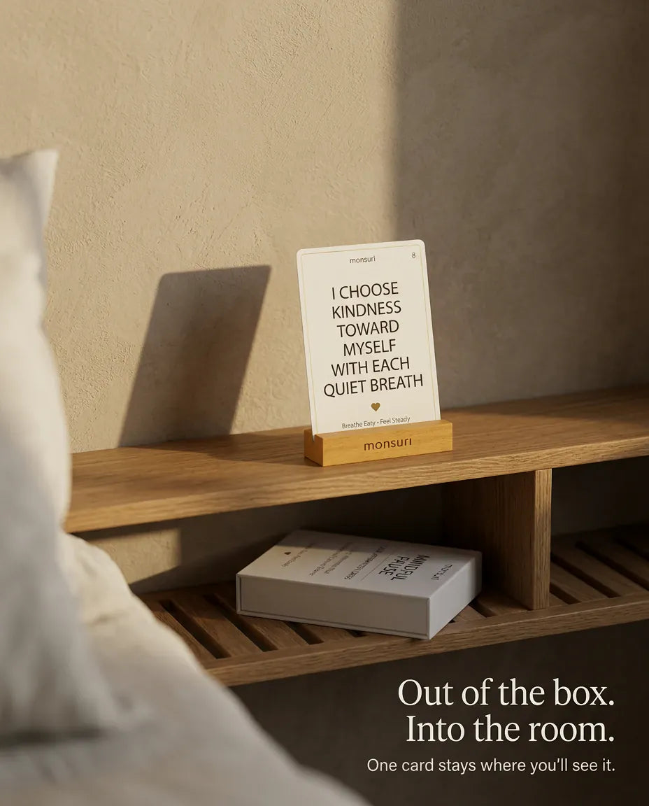 The wind-down, three ways in - read the affirmation card, light the CALM candle, then mist the lavender hydrosol