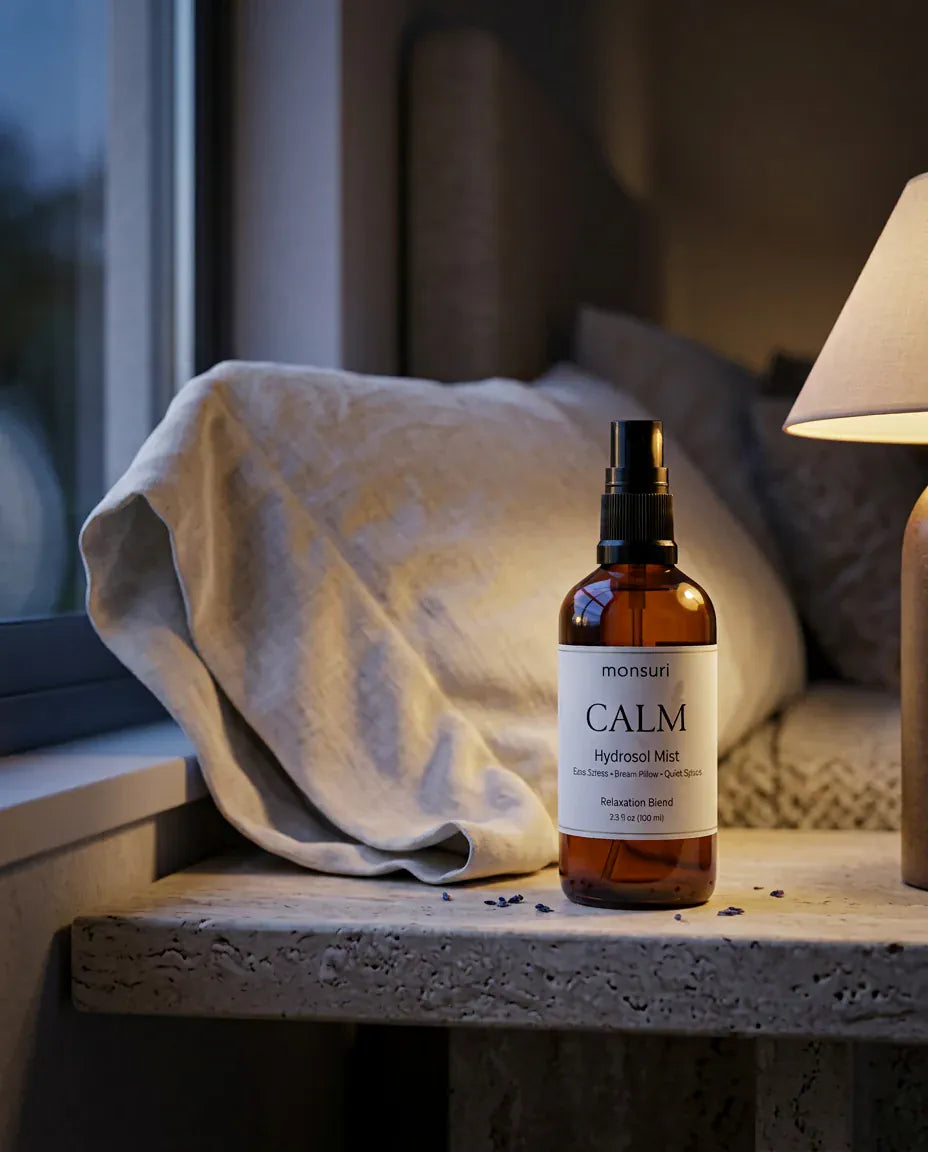 The CALM lavender hydrosol mist in amber glass on a bedside ledge beside soft linen and a lamp at night