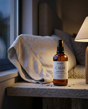 The CALM lavender hydrosol mist in amber glass on a bedside ledge beside soft linen and a lamp at night
