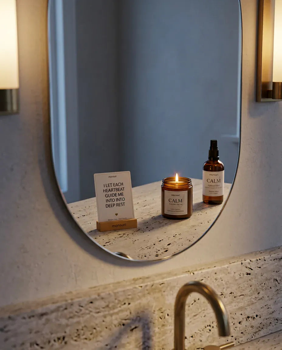 The Mindful Pause set on a travertine vanity at dusk, reflected in a round mirror - an affirmation card in its wooden stand, the lit CALM candle and the CALM hydrosol mist in amber glass