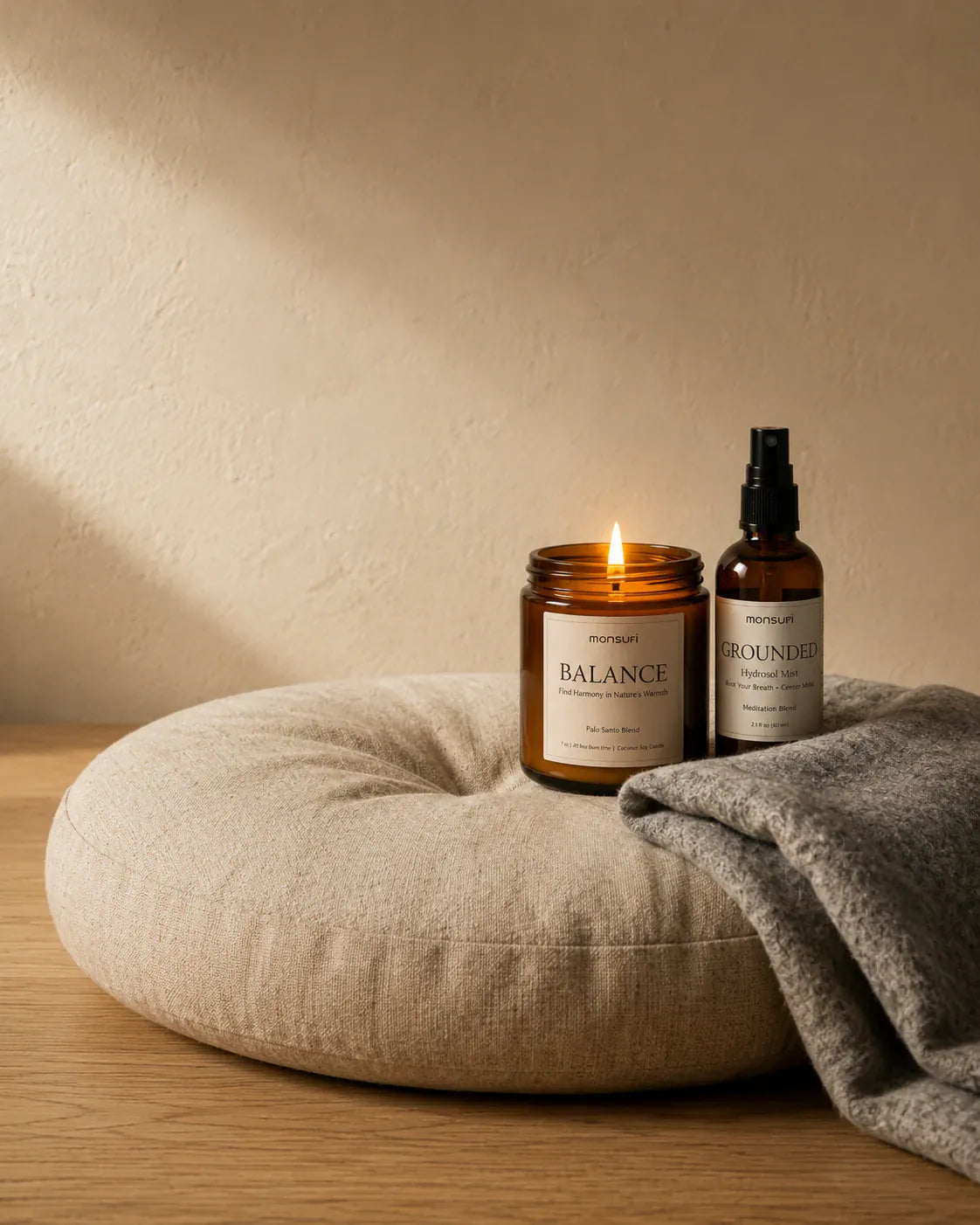 The lit BALANCE palo santo candle and the GROUNDED hydrosol mist resting on a linen meditation cushion with a grey wool blanket folded behind, in low afternoon light.