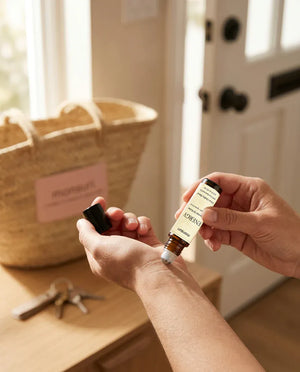 The portable ENERGY roller being rolled onto a wrist by the front door, keys and a market basket on the console behind — 0.33 fl oz of citrus vitality essential oil blend, small enough to live in a bag.