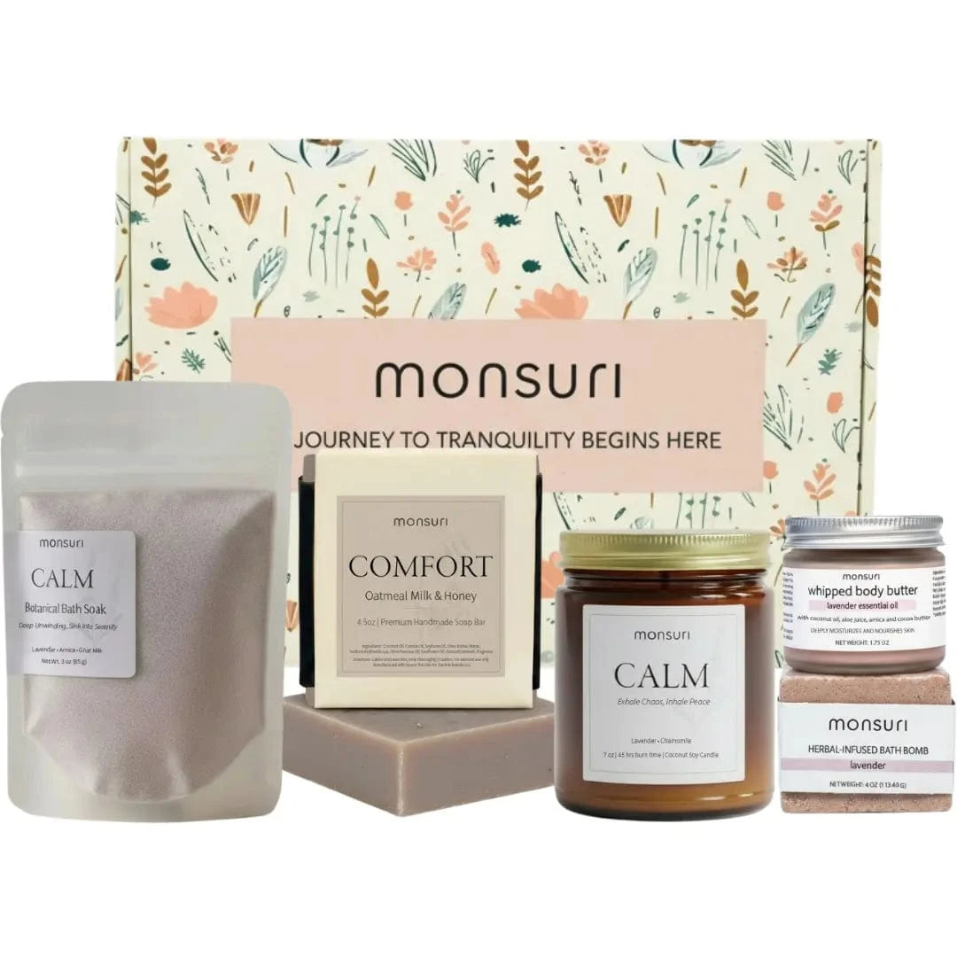 Relaxing lavender gifts for mom bath gift set with candle bath bomb soap body butter thoughtful gifts for women