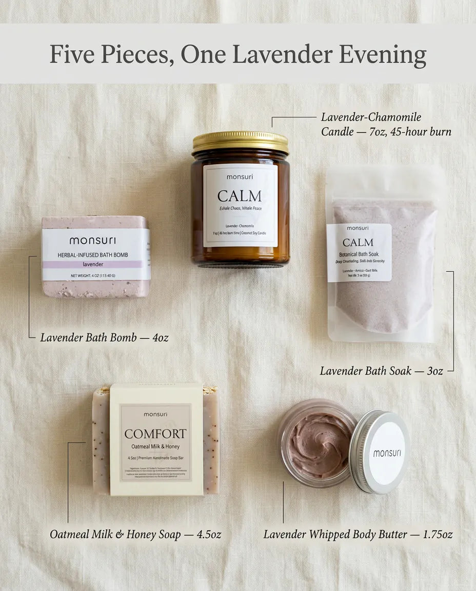 Five pieces, one lavender evening: the lavender chamomile candle at 7oz with a 45-hour burn, the lavender bath bomb at 4oz, the lavender bath soak at 3oz, the oatmeal milk and honey soap at 4.5oz and the lavender whipped body butter at 1.75oz, laid out on linen and labelled.