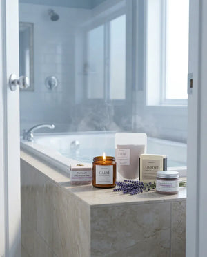 The five-piece lavender gift set for mom arranged along a stone bath ledge in a bright bathroom: the CALM candle, the lavender bath soak, the oatmeal milk and honey soap, the whipped body butter and the lavender bath bomb, with a steaming tub behind.