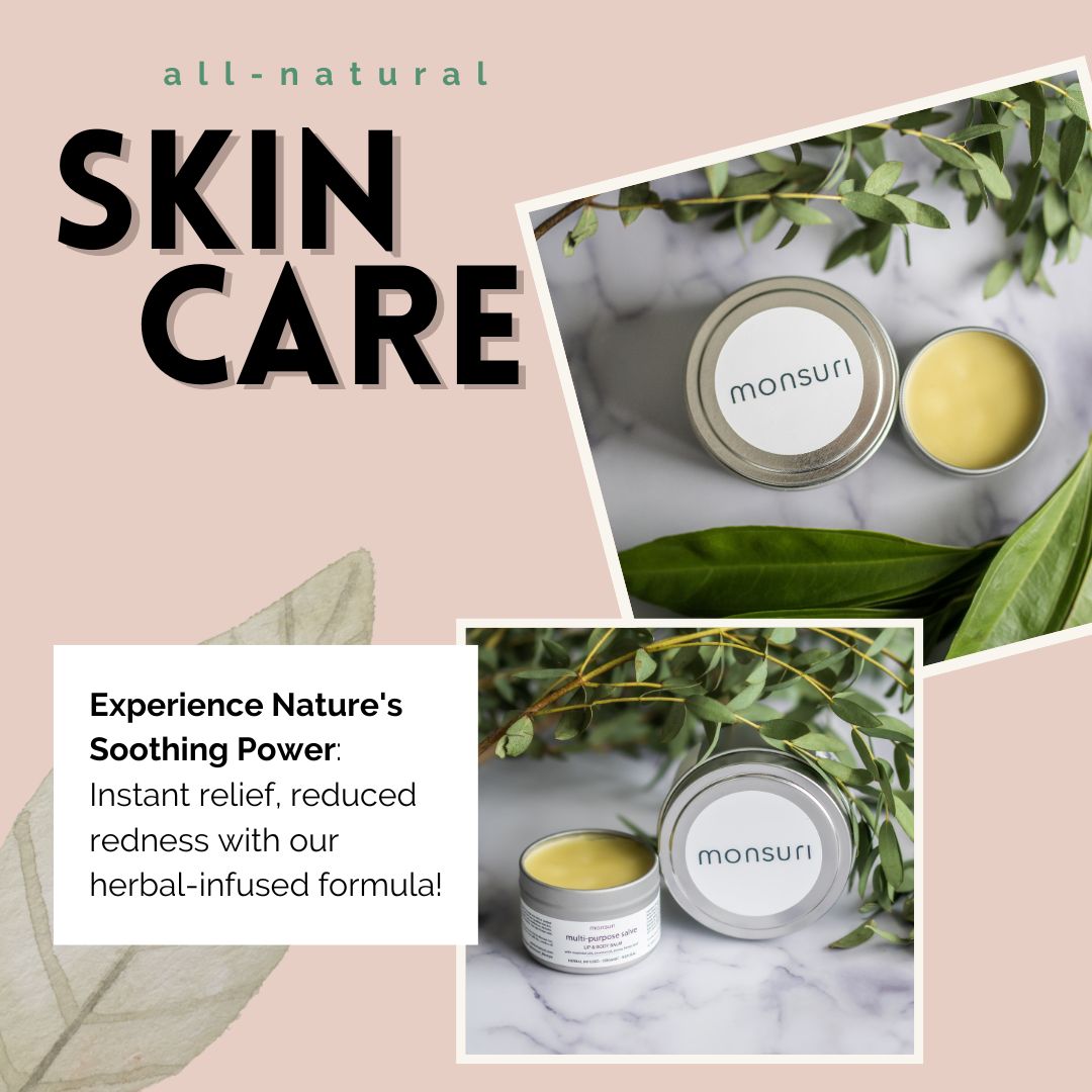 Monsuri's all-natural Body Balm with herbal-infused coconut oil and essential oils providing soothing relief to irritated skin.