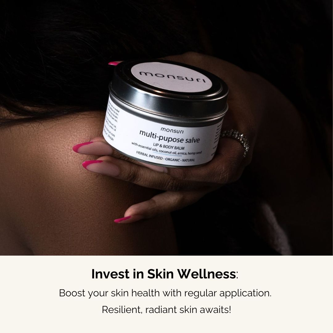 Monsuri's Body Balm promoting skin health and wellness, providing immediate relief from chafing and promoting long-term skin wellness.
