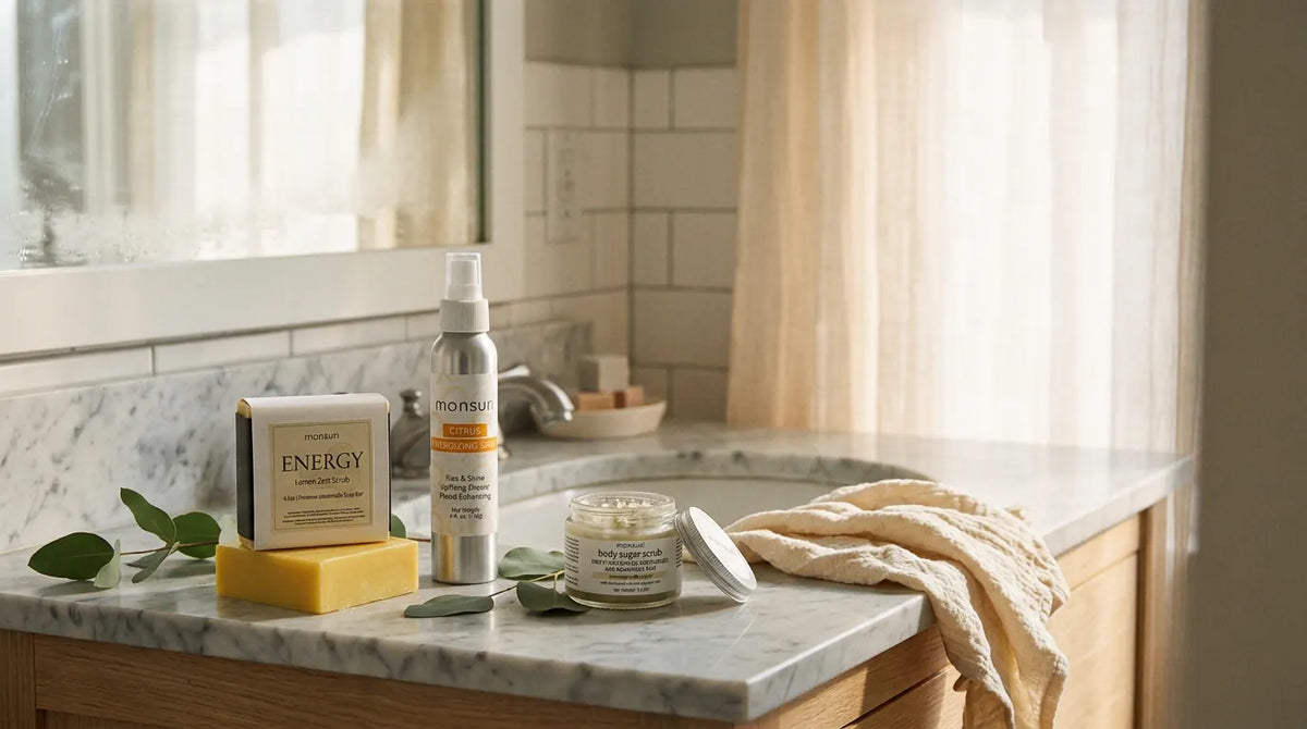 The three pieces set out on a marble bathroom vanity in morning light, the shower running behind the glass