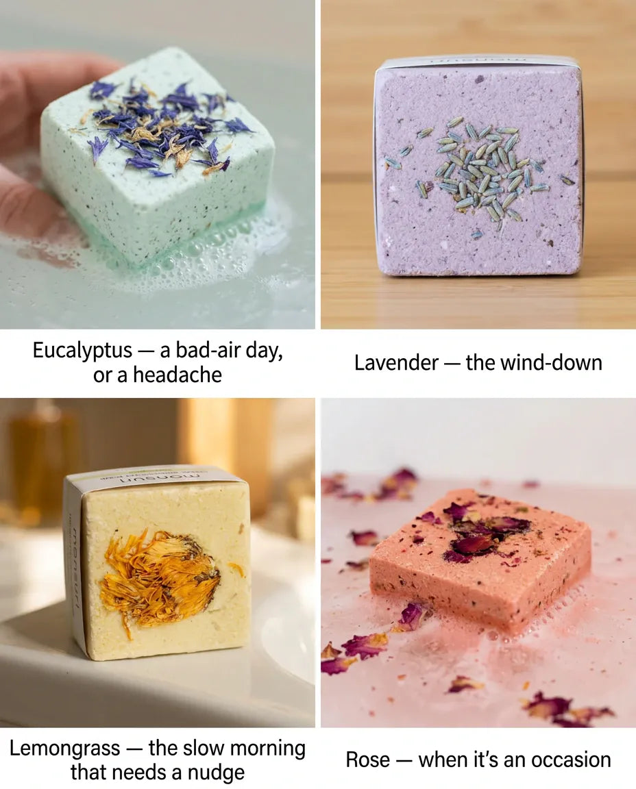 Which scent when, in four panels — eucalyptus for a bad-air day or a headache, lavender for the wind-down, lemongrass for the slow morning that needs a nudge, and rose for when it's an occasion.