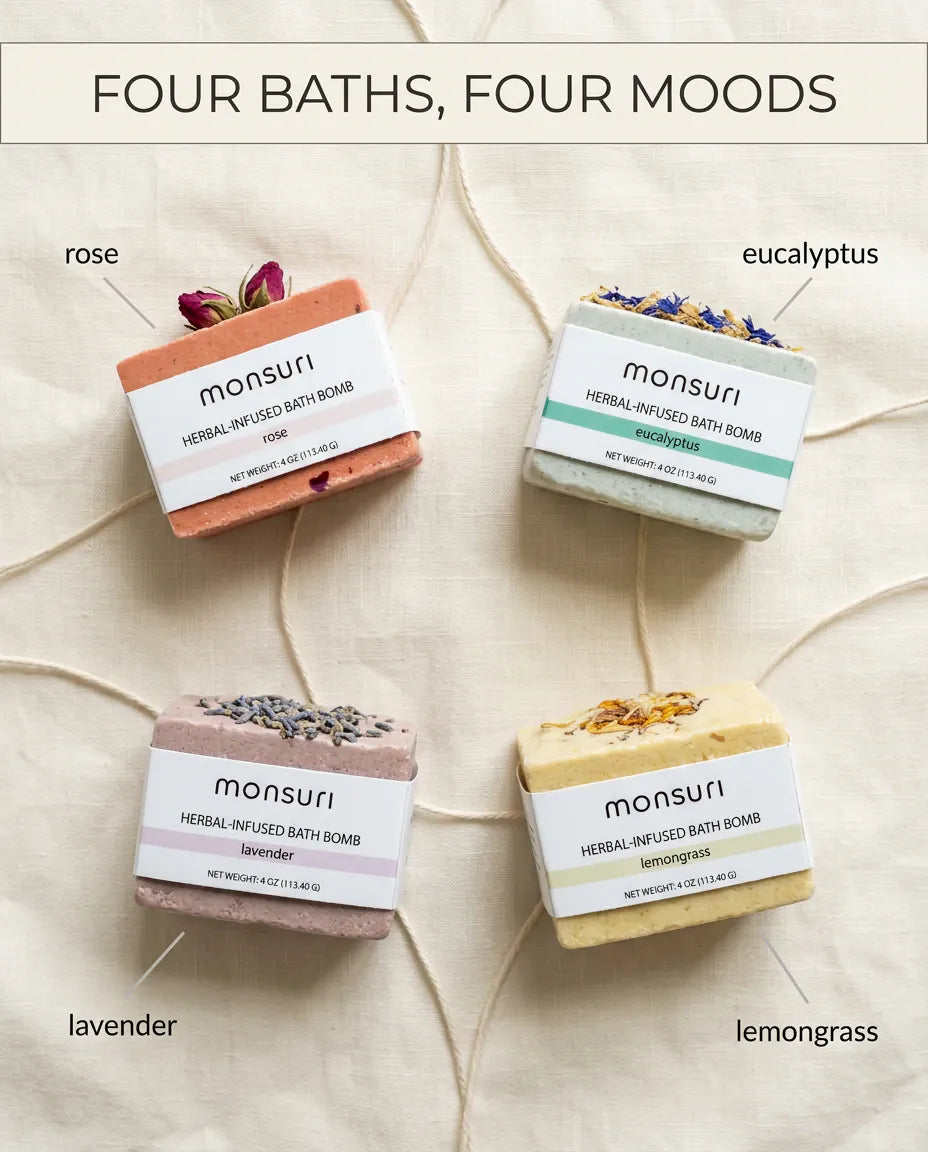 Four baths, four moods — the rose, eucalyptus, lavender and lemongrass bath bombs laid out on linen and labelled, each a 4 oz (113.40 g) cube.