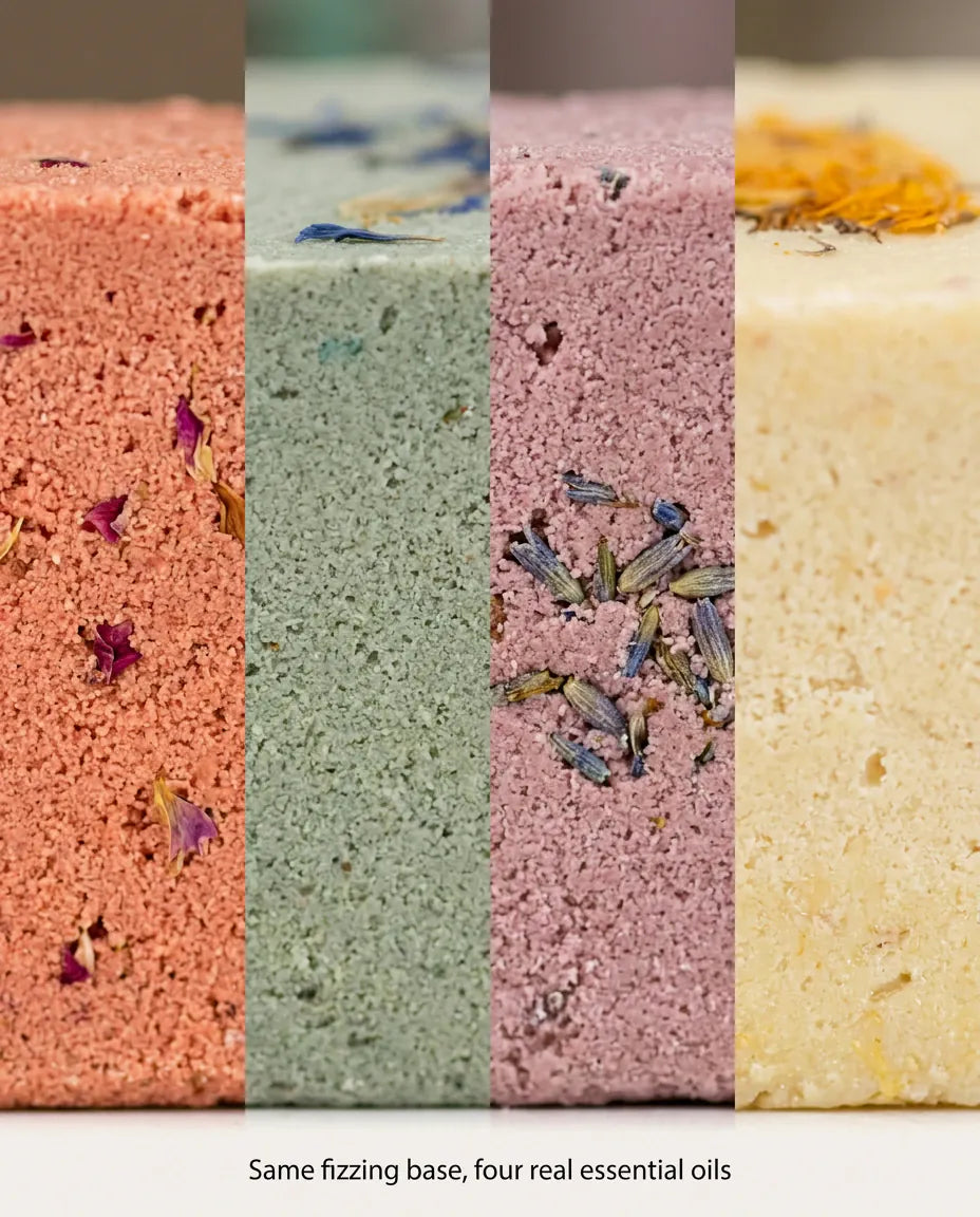 Extreme macro strip across all four bath bombs side by side, showing the same fizzing base under four real essential oils, with rose petals, cornflower, lavender buds and calendula pressed into their faces.