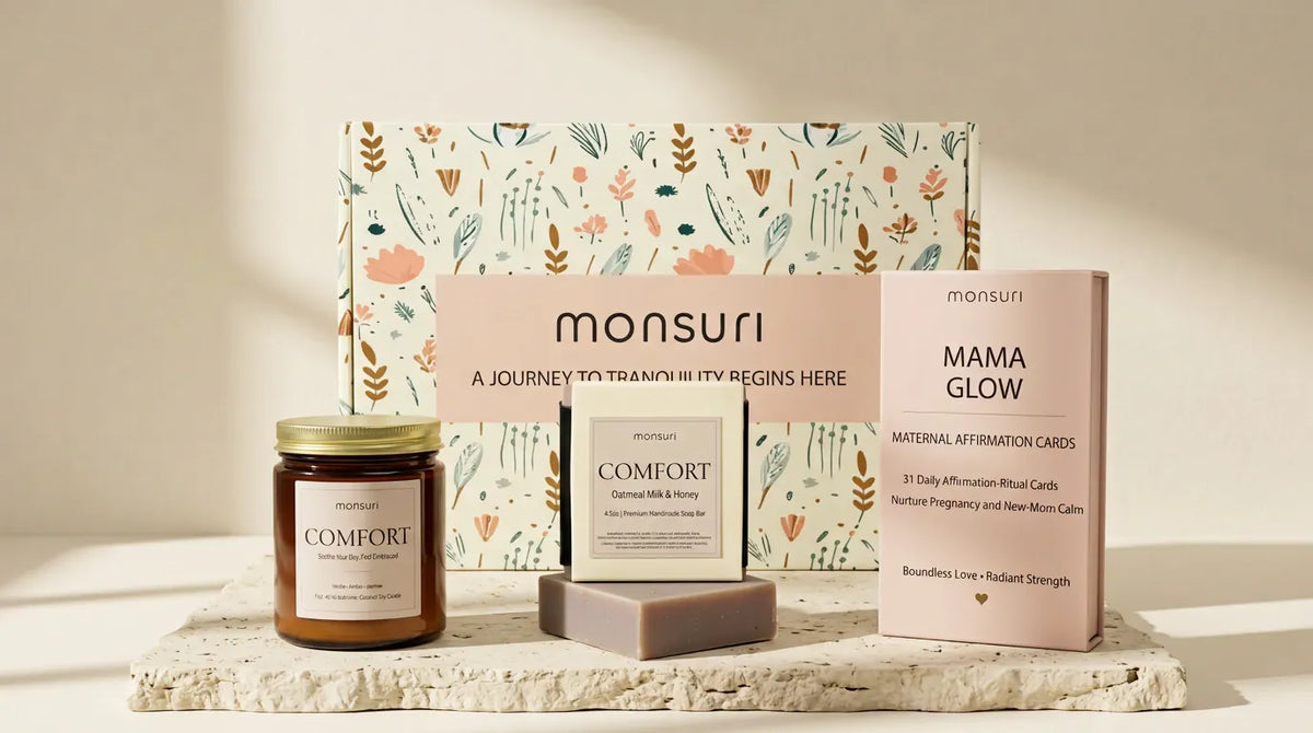 The Mama Glow care set laid along travertine in front of the botanical gift box - the COMFORT candle, the oatmeal milk and honey soap and the MAMA GLOW affirmation deck
