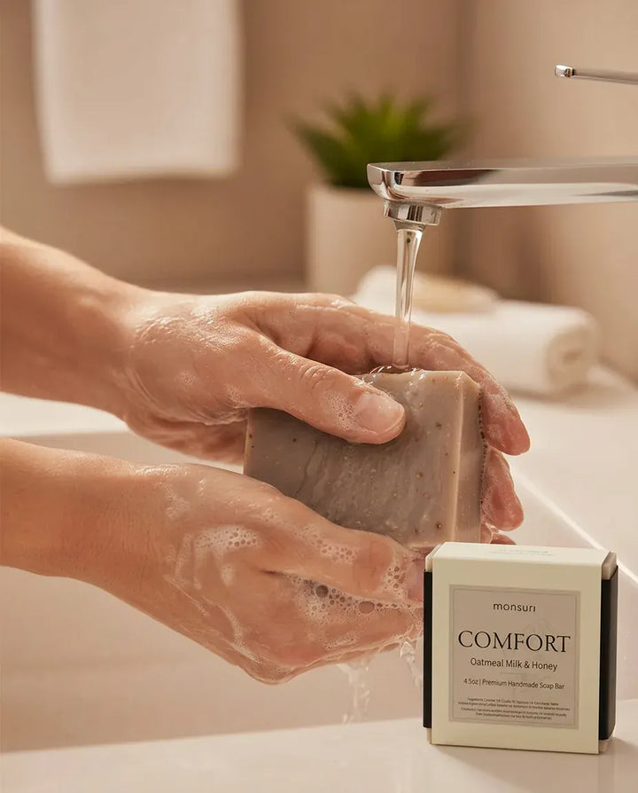 Hands lathering the Oatmeal Milk & Honey soap bar under a faucet — gentle soap for sensitive skin