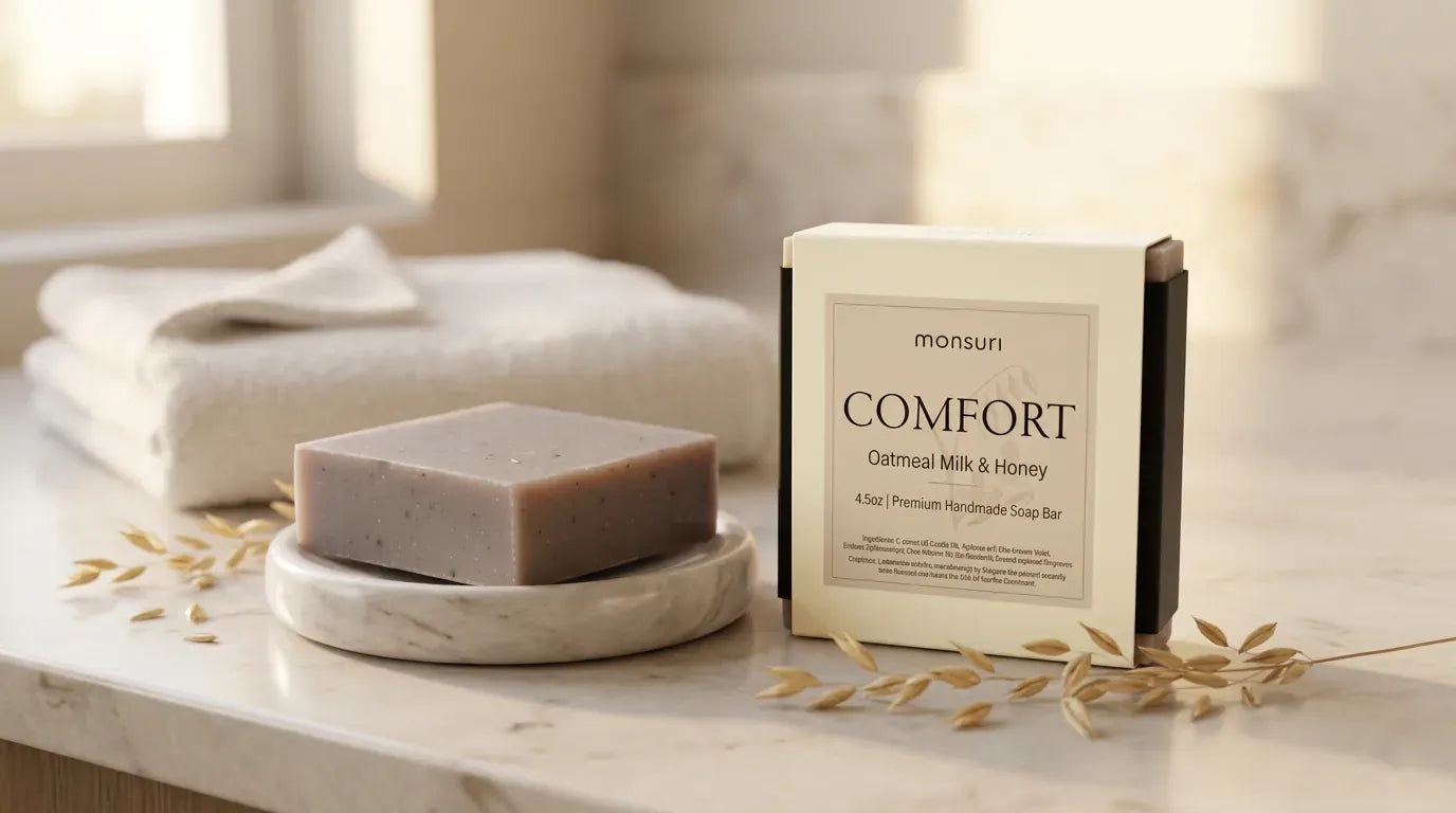 Oatmeal Milk & Honey soap bar with a towel and oats by a window — natural soap for sensitive skin