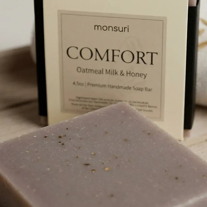 Close-up of oat flecks in the Oatmeal Milk & Honey soap bar — natural soap for sensitive skin