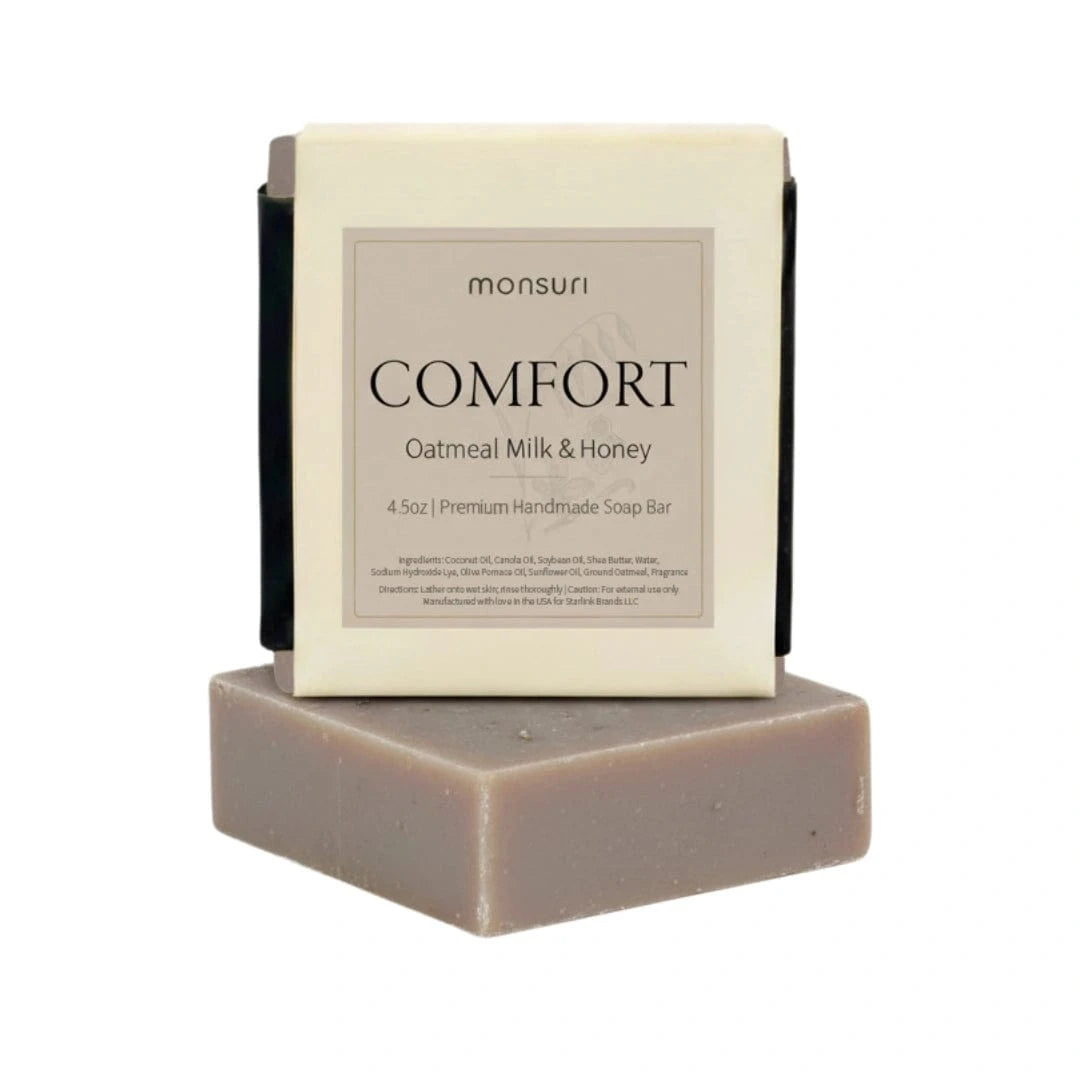 Comfort Oatmeal Milk Honey Soap natural handmade bar for sensitive skin on white background