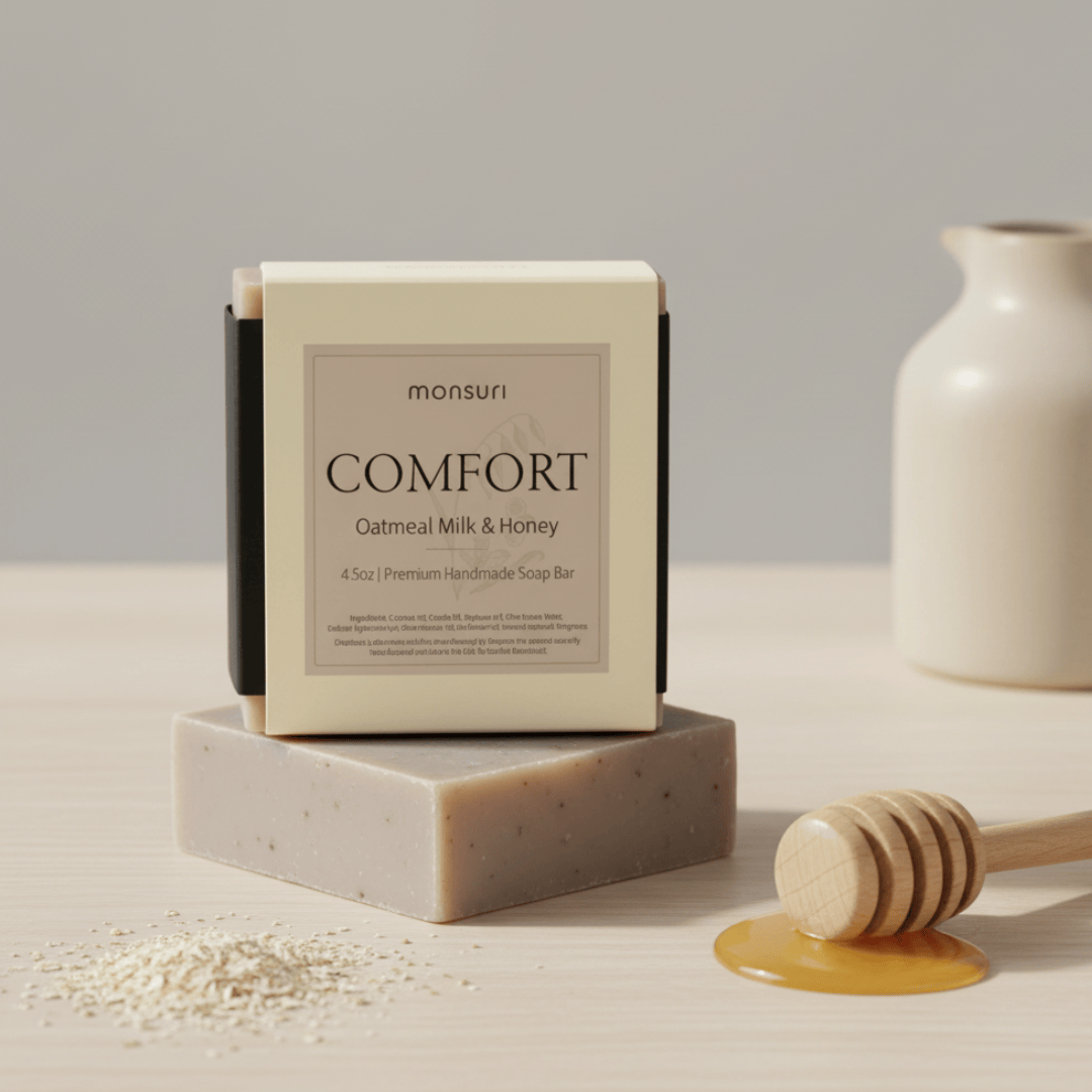 Comfort Oatmeal Milk Honey Soap natural handmade bar for sensitive skin on white background