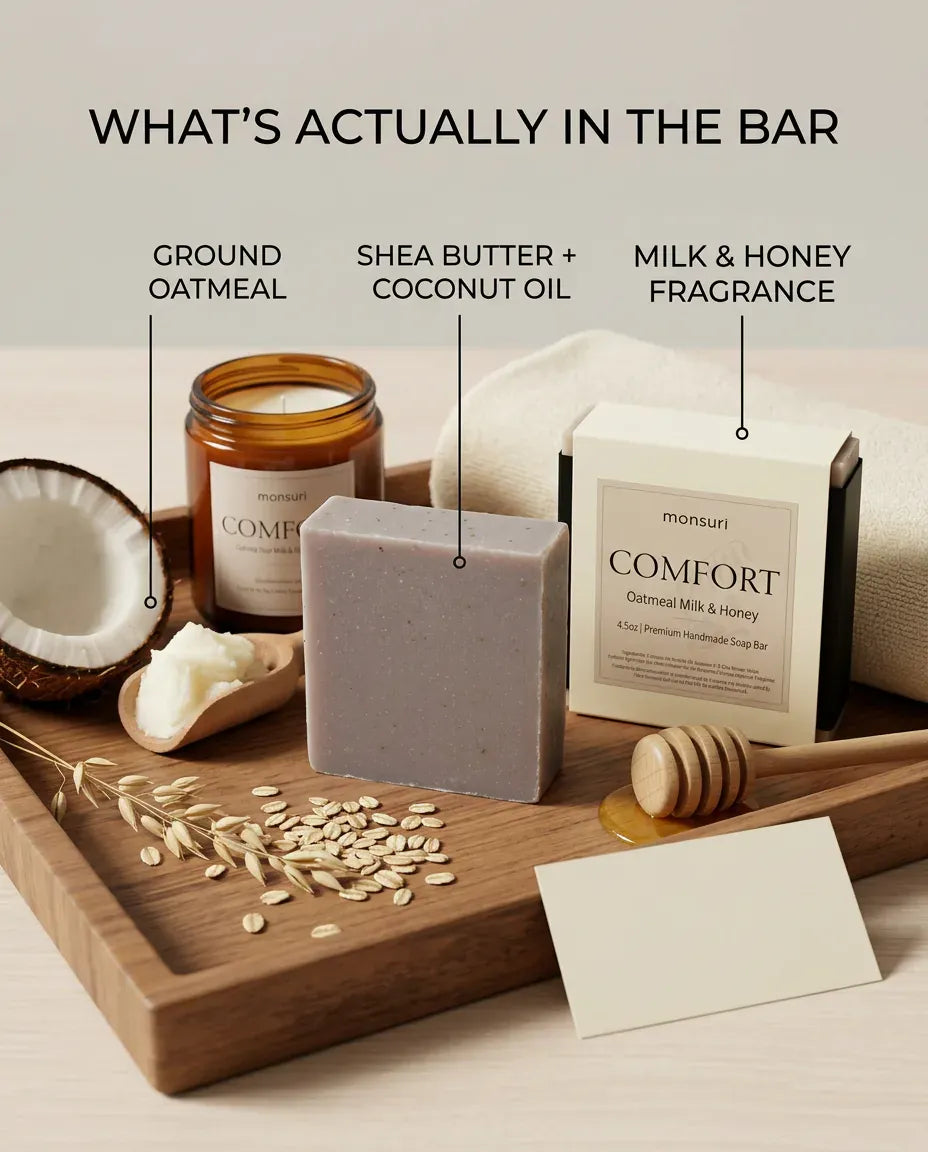 What's in the Oatmeal Milk & Honey soap bar: ground oatmeal, shea butter, coconut oil and milk & honey