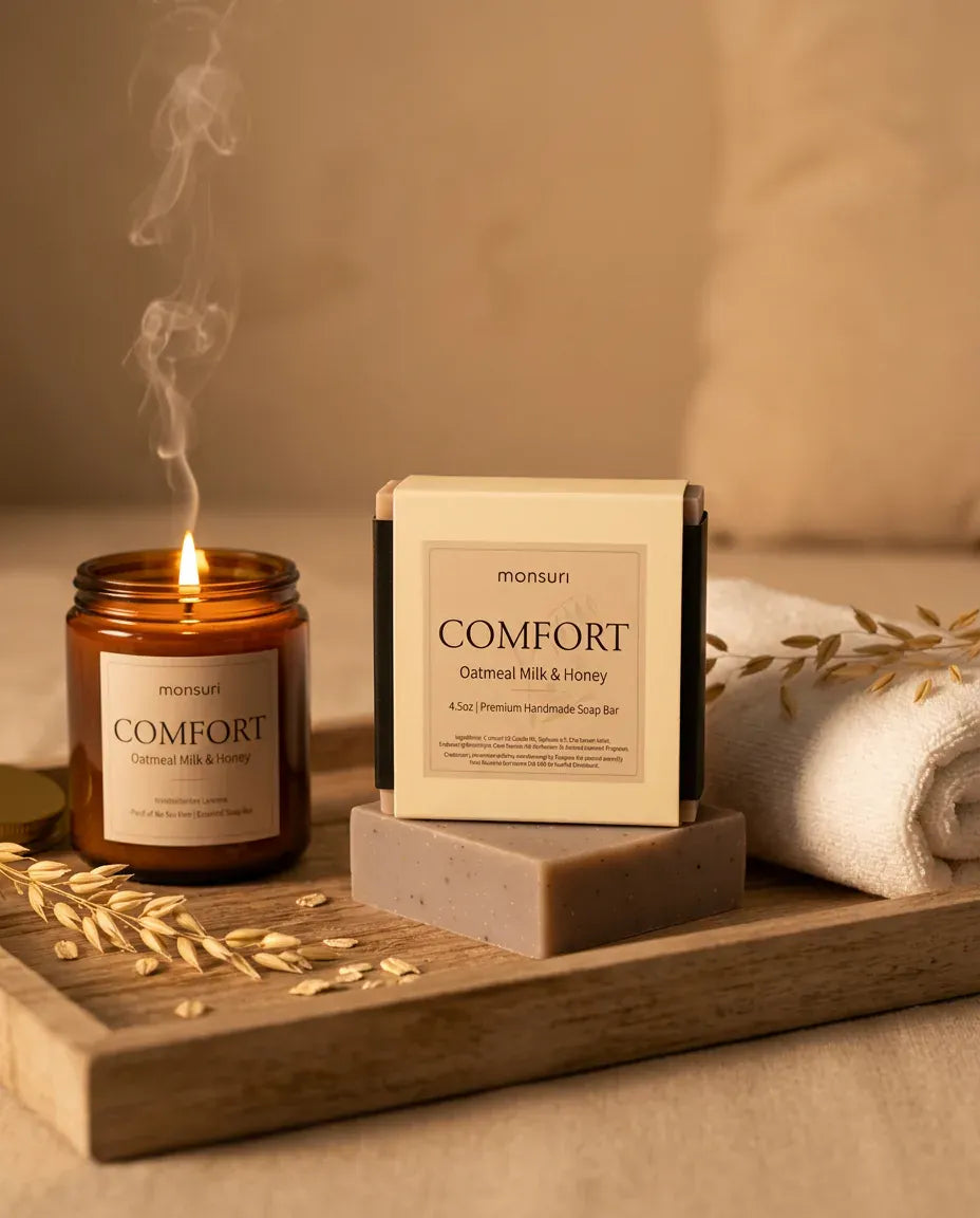 Oatmeal Milk & Honey soap box and bar on a wooden tray with a candle — natural soap for sensitive skin