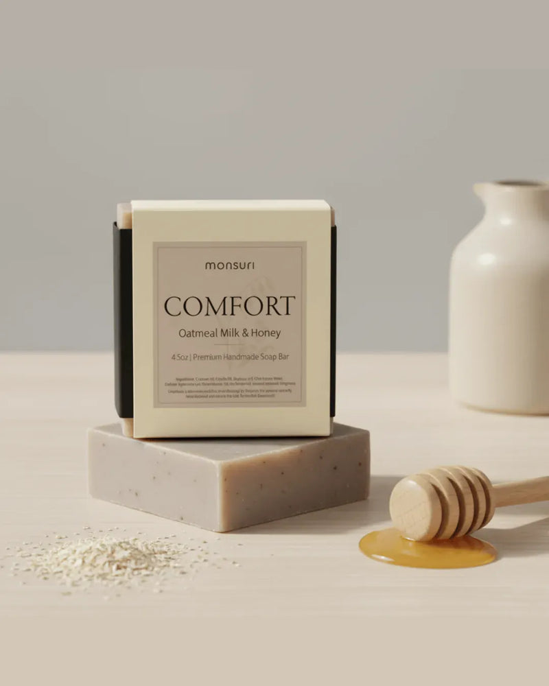 Comfort Oatmeal Milk Honey Soap natural handmade bar for sensitive skin on white background
