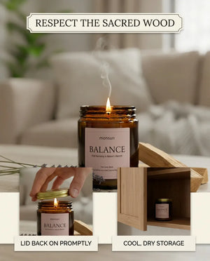Monsuri BALANCE candle care card showing the lid being replaced promptly after burning and the jar stored in a cool, dry cabinet.