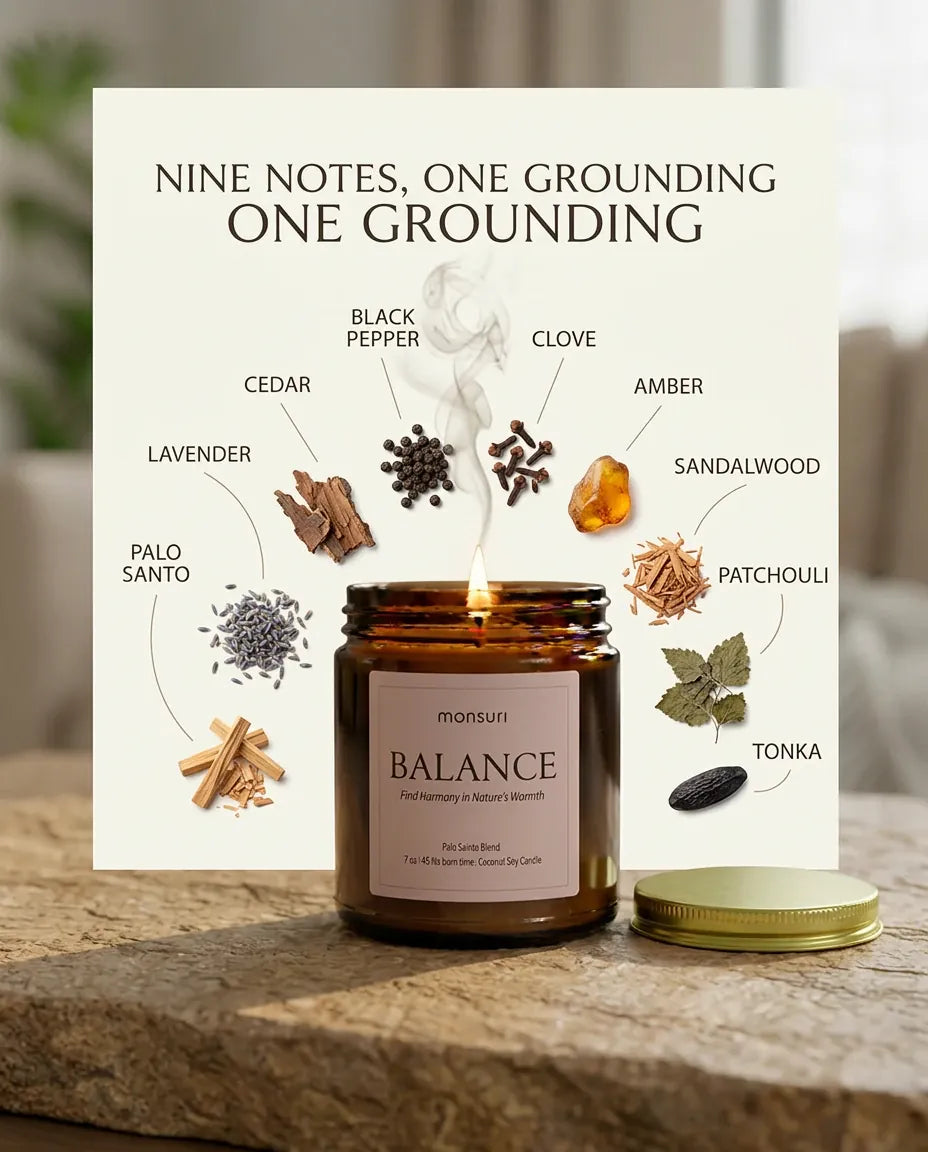 Diagram of the Monsuri BALANCE candle's nine scent notes -- palo santo, lavender, cedar, black pepper, clove, amber, sandalwood, patchouli and tonka -- around the lit jar.