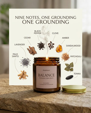 Diagram of the Monsuri BALANCE candle's nine scent notes -- palo santo, lavender, cedar, black pepper, clove, amber, sandalwood, patchouli and tonka -- around the lit jar.