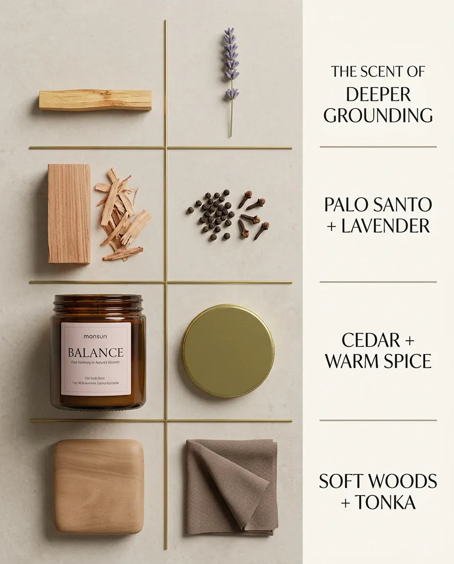 Flatlay of palo santo wood, lavender sprigs, cedar chips and whole cloves around the Monsuri BALANCE candle jar showing its scent ingredients.