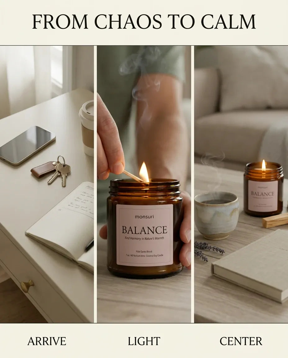 Three-panel sequence showing a cluttered desk, a hand lighting the Monsuri BALANCE candle, then the lit candle beside coffee in a calm living room.